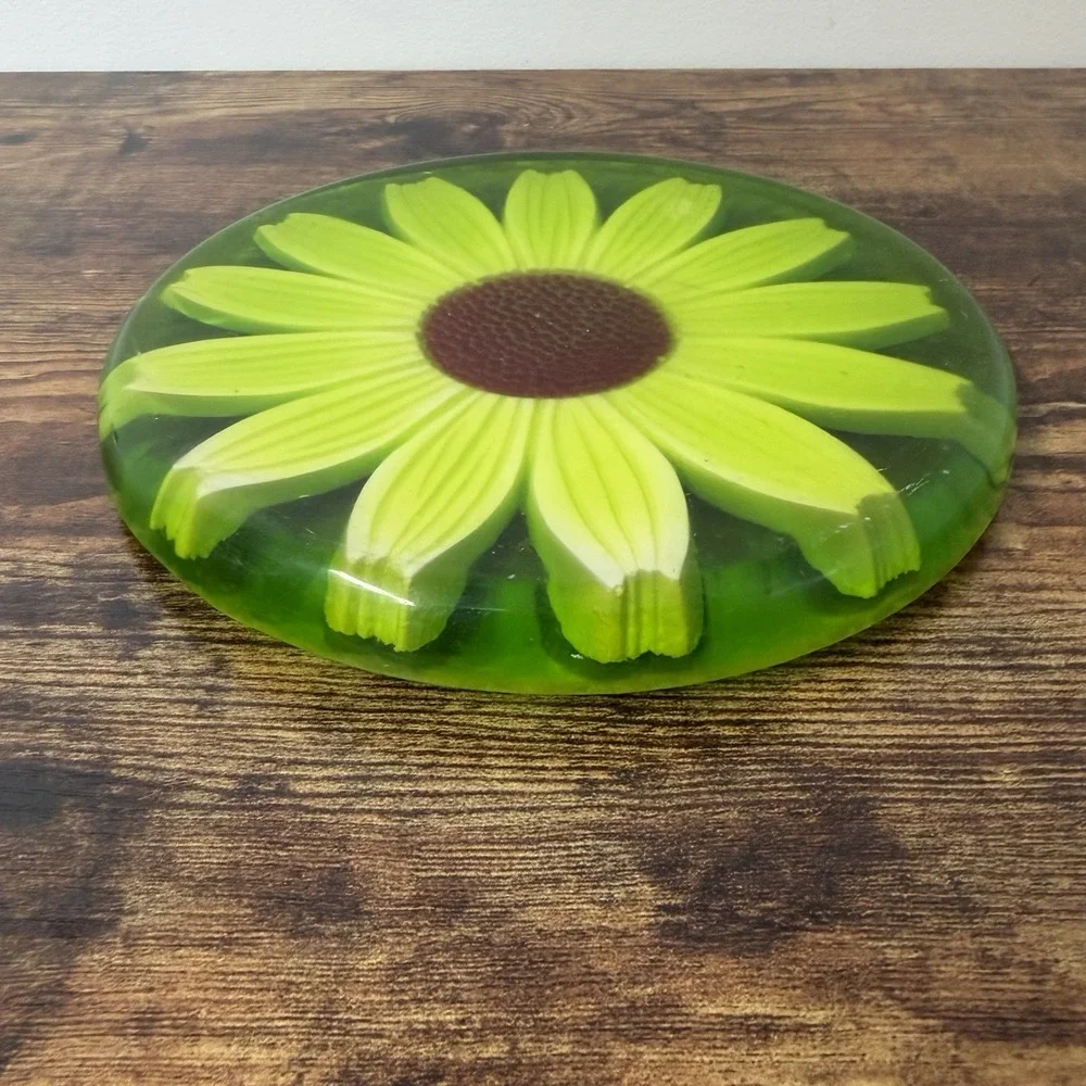 Resin Lucite 1960's Hanging Trivet Hot Plate Green White Daisy Mod Kitschy